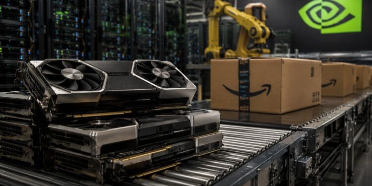 Tarjetas gráficas Nvidia GPU en cinta transportadora con cajas de envío de Amazon.