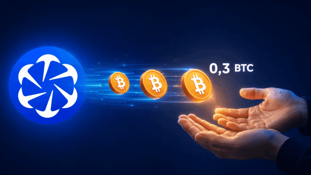 Bitcoin salen desde el logo de OCEAN hacia unas manos que esperan recibirlos.