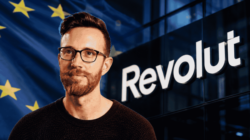Fotografía de Tylor, bandera de la UE y logo de Revolut.