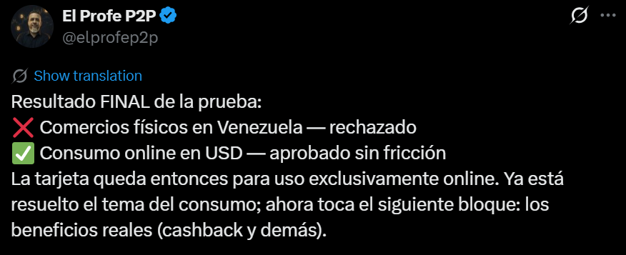 Tweet de un usuario que describe su experiencia usando la tarjeta.