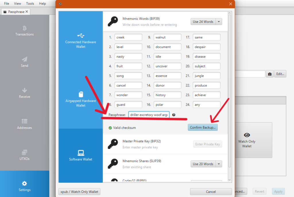 Interfaz de creación de wallets de Bitcoin de Sparrow Wallet.