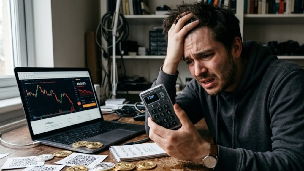 Un hombre con cara de desespero, con una Coldcard en la mano y monedas de bitcoin alrededor.