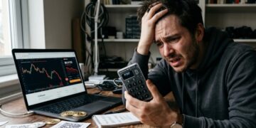 Un hombre con cara de desespero, con una Coldcard en la mano y monedas de bitcoin alrededor.