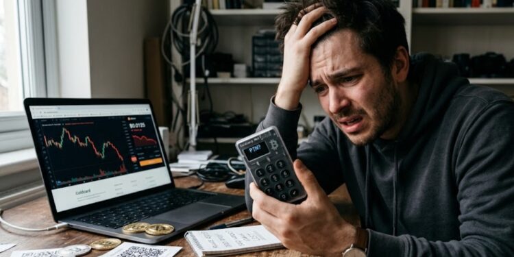 Un hombre con cara de desespero, con una Coldcard en la mano y monedas de bitcoin alrededor.