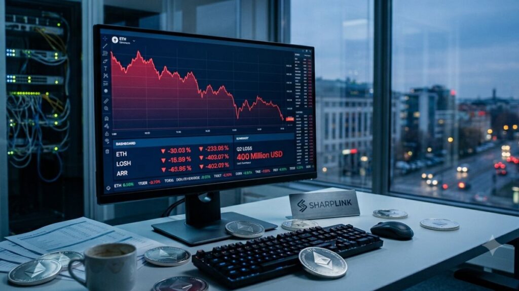 Una pantalla de monitor que muestra el gráfico de tendencias bajistas de Ethereum, "Q2 Loss 400 Million USD" y "SHARPLINK" en el escritorio.