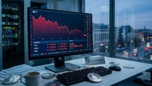 Una pantalla de monitor que muestra el gráfico de tendencias bajistas de Ethereum, "Q2 Loss 400 Million USD" y "SHARPLINK" en el escritorio.