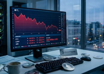 Una pantalla de monitor que muestra el gráfico de tendencias bajistas de Ethereum, "Q2 Loss 400 Million USD" y "SHARPLINK" en el escritorio.