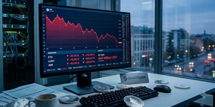 Una pantalla de monitor que muestra el gráfico de tendencias bajistas de Ethereum, "Q2 Loss 400 Million USD" y "SHARPLINK" en el escritorio.