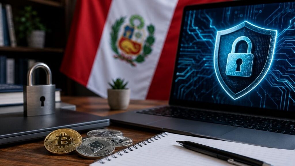 Monedas de Bitcoin y Ethereum, candado físico y escudo digital en pantalla de laptop con la bandera de Perú al fondo.