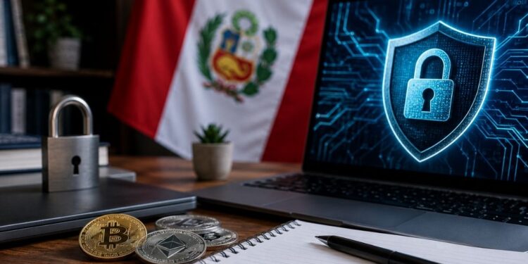 Monedas de Bitcoin y Ethereum, candado físico y escudo digital en pantalla de laptop con la bandera de Perú al fondo.