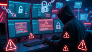 Un atacante cibernético operando con computadoras.