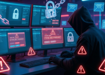 Un atacante cibernético operando con computadoras.