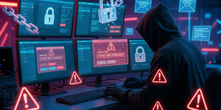 Un atacante cibernético operando con computadoras.
