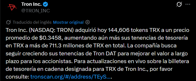 Post de Tron Inc. en X.