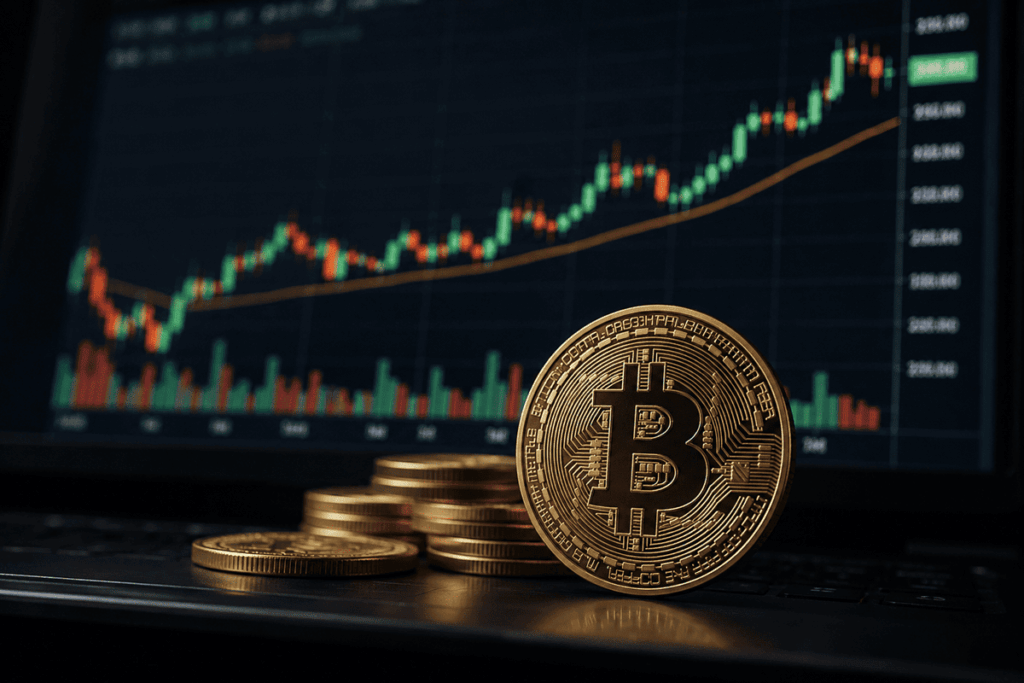 Bitcoin en primer plano frente a un gráfico de mercado alcista.