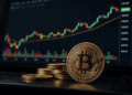 Bitcoin en primer plano frente a un gráfico de mercado alcista.