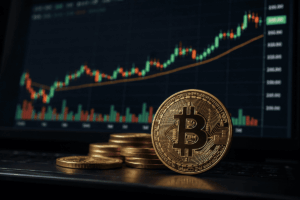 Bitcoin en primer plano frente a un gráfico de mercado alcista.