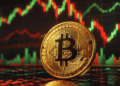 Moneda física de bitcoin y gráficos de precio rojos y verdes.