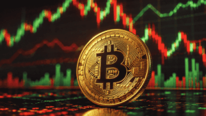 Moneda física de bitcoin y gráficos de precio rojos y verdes.
