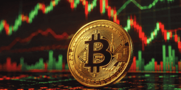 Moneda física de bitcoin y gráficos de precio rojos y verdes.