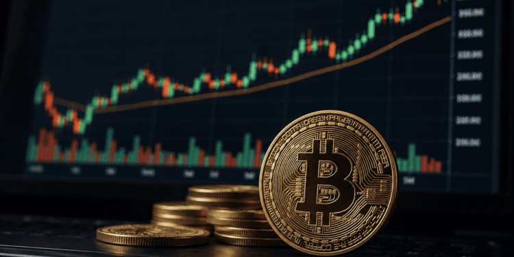 Bitcoin en primer plano frente a un gráfico de mercado alcista.