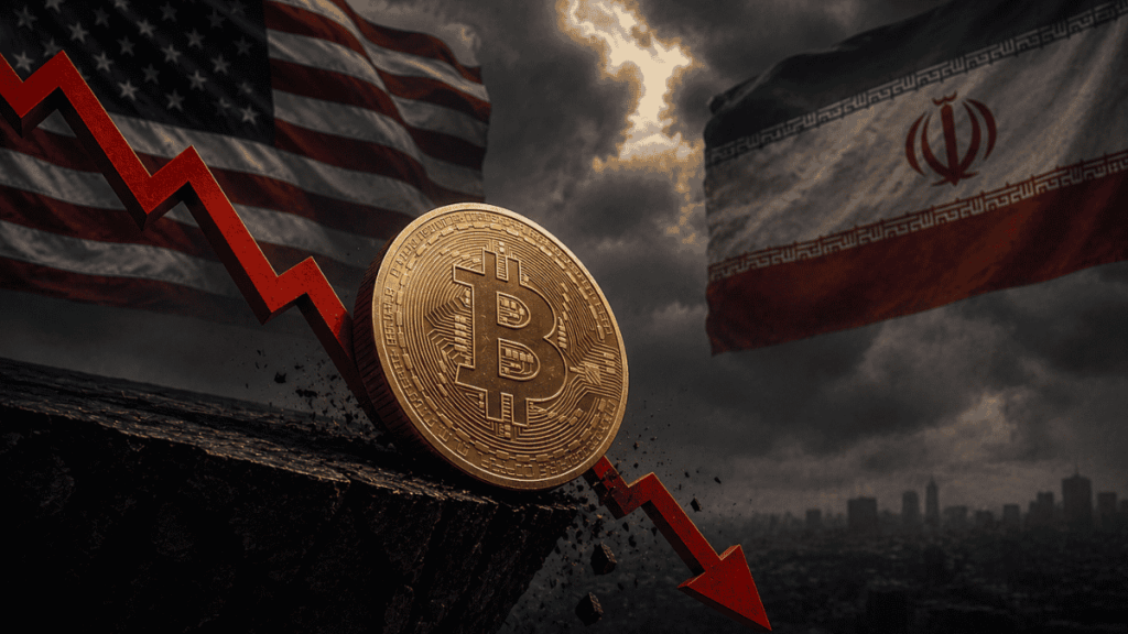 Moneda de bitcoin, flecha roja descendente, banderas de Estados Unidos e Irán.
