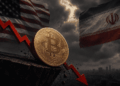Moneda de bitcoin, flecha roja descendente, banderas de Estados Unidos e Irán.