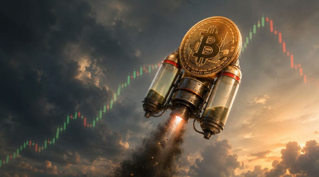 Una moneda de bitcoin volando como un cohete hacia el cielo.