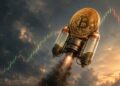Una moneda de bitcoin volando como un cohete hacia el cielo.