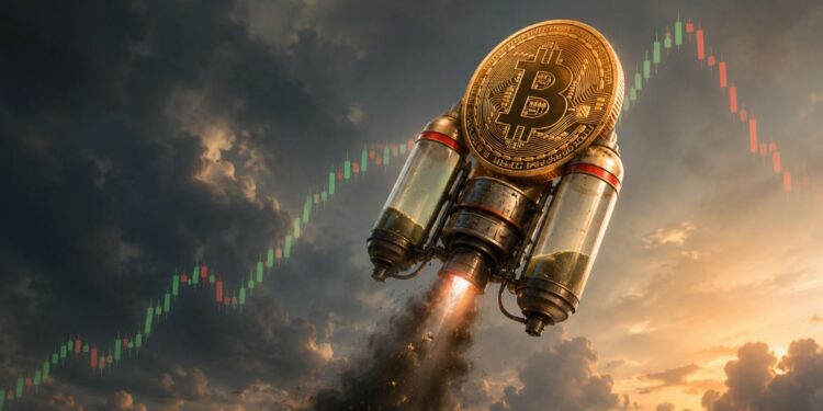 Una moneda de bitcoin volando como un cohete hacia el cielo.
