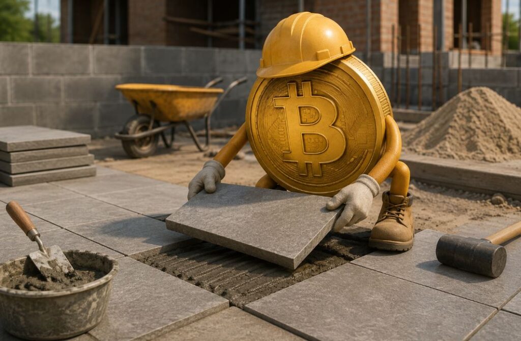 Una moneda física de bitcoin construyendo un suelo.