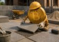 Una moneda física de bitcoin construyendo un suelo.