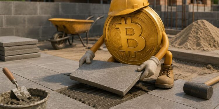 Una moneda física de bitcoin construyendo un suelo.
