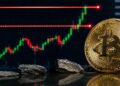 moneda física dorada de bitcoin frente a gráfico de trading de criptomonedas alcista.