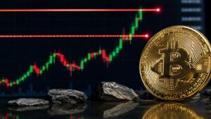 moneda física dorada de bitcoin frente a gráfico de trading de criptomonedas alcista.