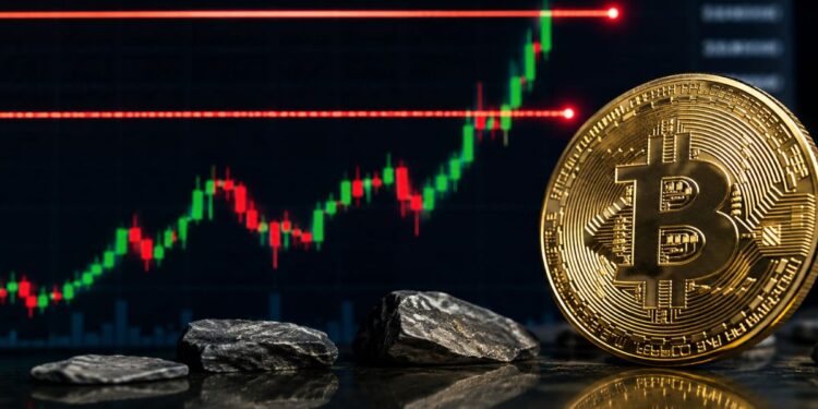 moneda física dorada de bitcoin frente a gráfico de trading de criptomonedas alcista.