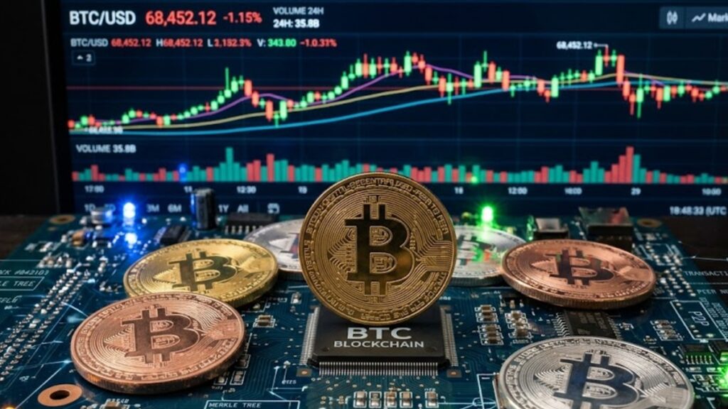 Monedas de bitcoin sobre circuitos y protocolos, con una gráfica de mercados mixta en el fondo.