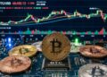 Monedas de bitcoin sobre circuitos y protocolos, con una gráfica de mercados mixta en el fondo.
