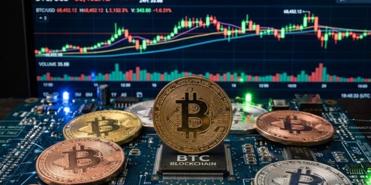 Monedas de bitcoin sobre circuitos y protocolos, con una gráfica de mercados mixta en el fondo.