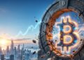 Símbolo de bitcoin en una runa y al fondo una ciudad