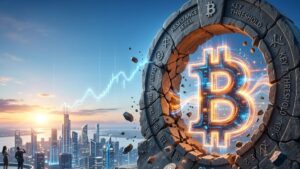 Símbolo de bitcoin en una runa y al fondo una ciudad
