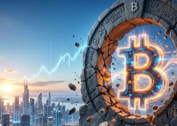 Símbolo de bitcoin en una runa y al fondo una ciudad
