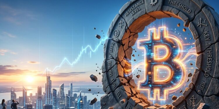 Símbolo de bitcoin en una runa y al fondo una ciudad