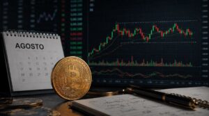 Una moneda física de bitcoin delante de un calendario y un gráfico de precio