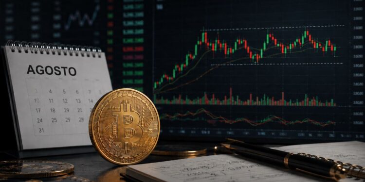 Una moneda física de bitcoin delante de un calendario y un gráfico de precio