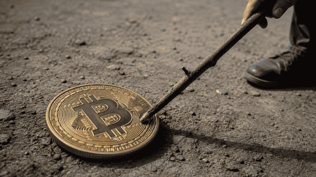 Moneda de bitcoin tirada en el suelo, como desmayada. Un hombre la toca con una rama de árbol, a ver si se mueve o hace algo.