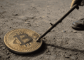 Moneda de bitcoin tirada en el suelo, como desmayada. Un hombre la toca con una rama de árbol, a ver si se mueve o hace algo.