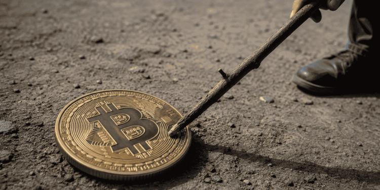 Moneda de bitcoin tirada en el suelo, como desmayada. Un hombre la toca con una rama de árbol, a ver si se mueve o hace algo.
