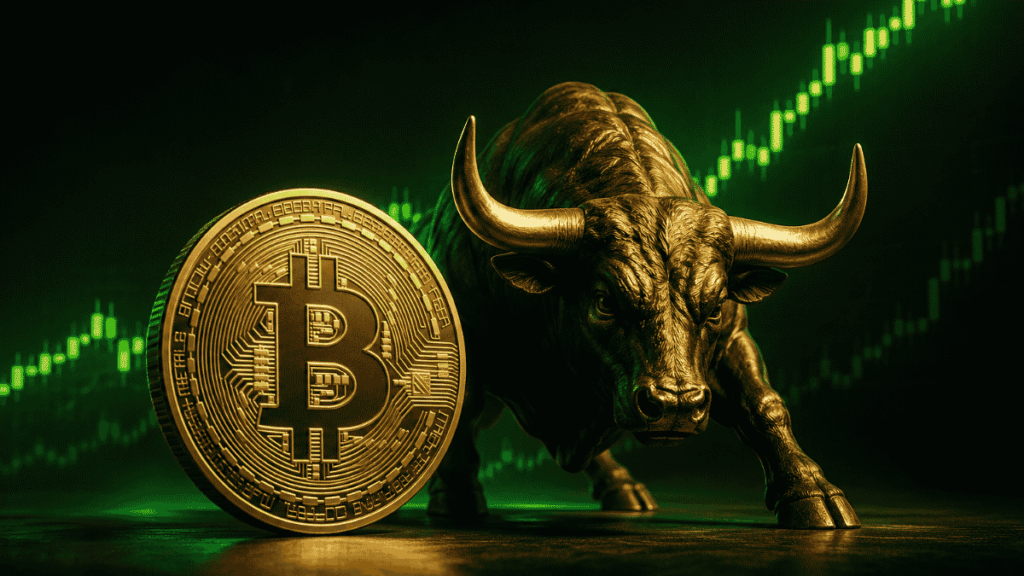 Moneda de bitcoin, toro y un gráfico verde ascendente.