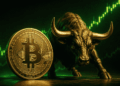 Moneda de bitcoin, toro y un gráfico verde ascendente.